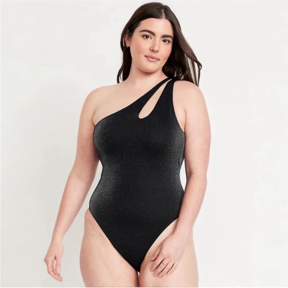 Old Navy Black One Shoulder Shine Swimsuit Women's Large - Picture 3 of 10